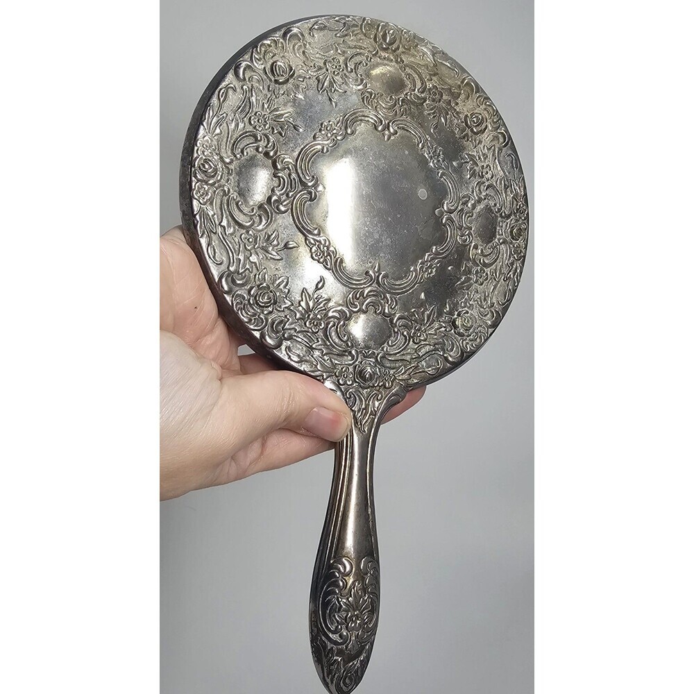 Vtg Silverplate Vanity Set 8" Brush & 9" Hand Mirror Floral Ornate Design Heavy - Picture 4 of 13